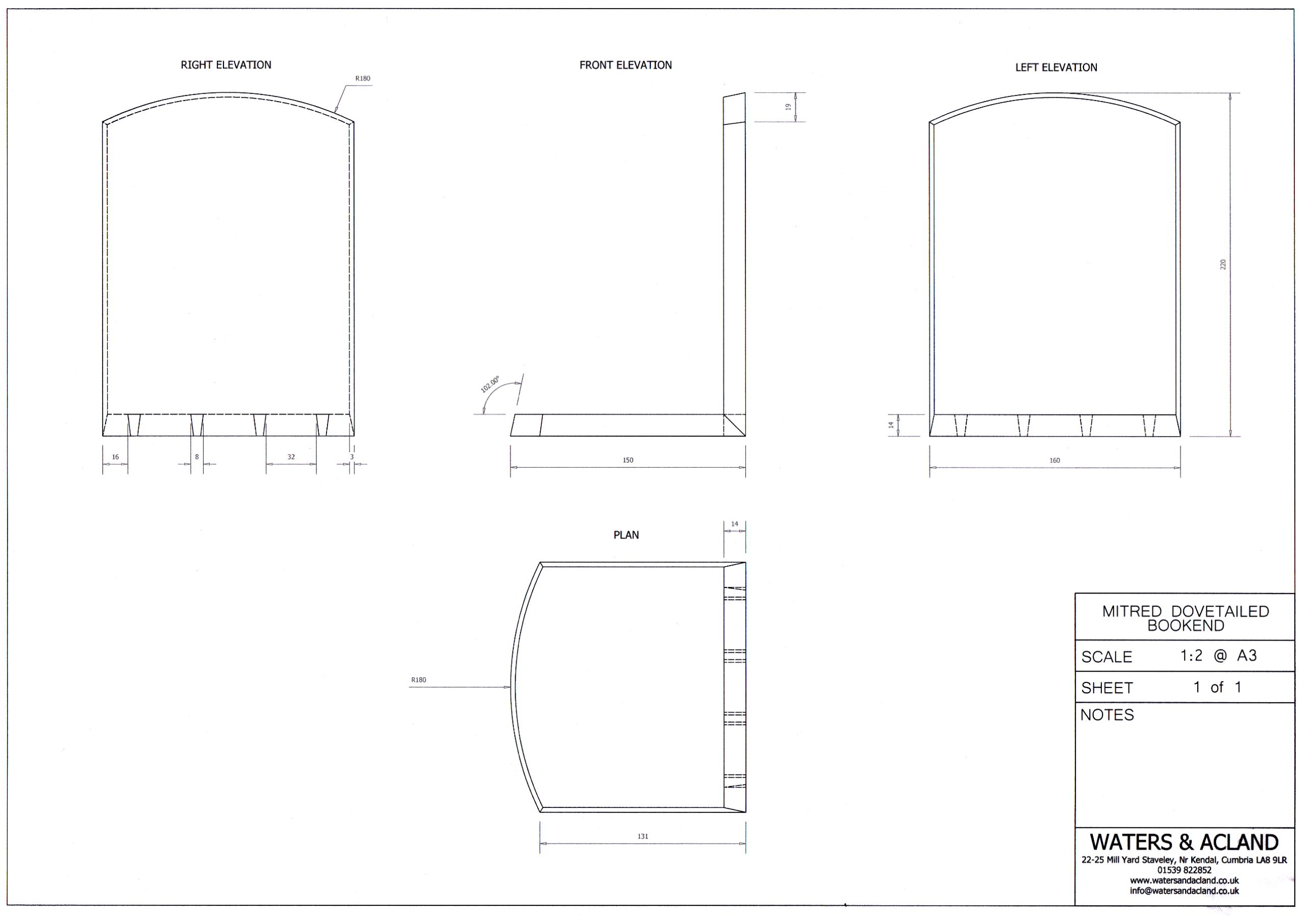Mitred Dovetailed Bookend Workshop Drawing