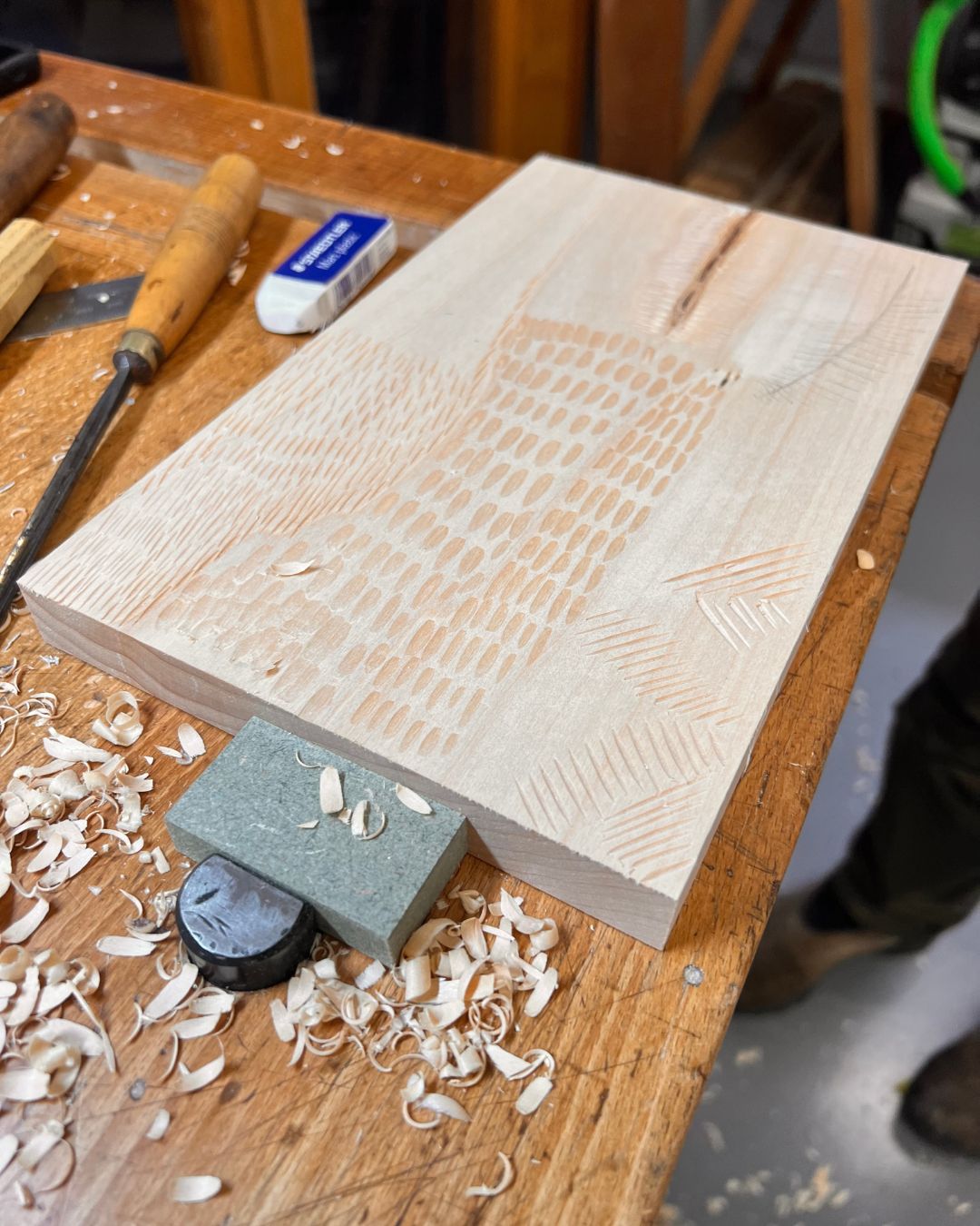 Student relief-carving exercise exploring decorative surface detail