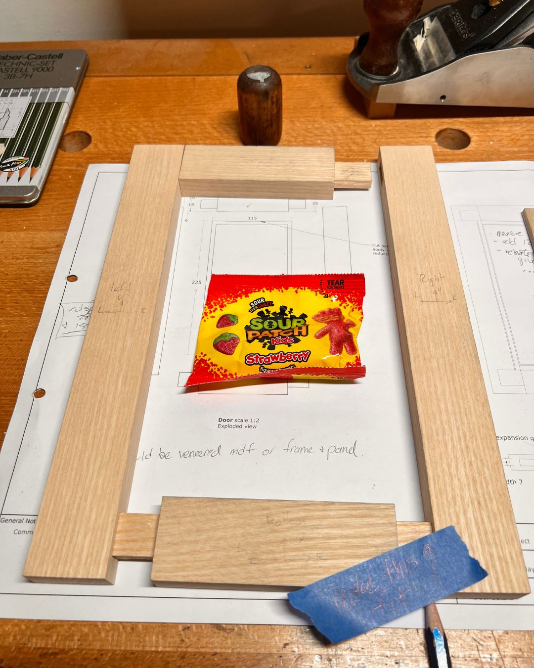 Mortice and tenon work for the cabinet doors, with workshop sweeties