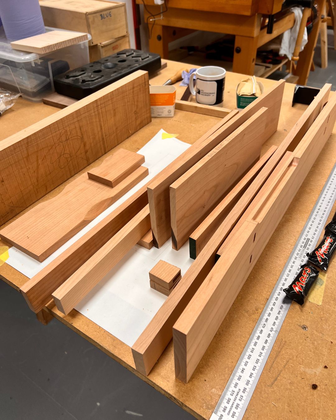 Wall cabinet components being prepared in the furniture workshop